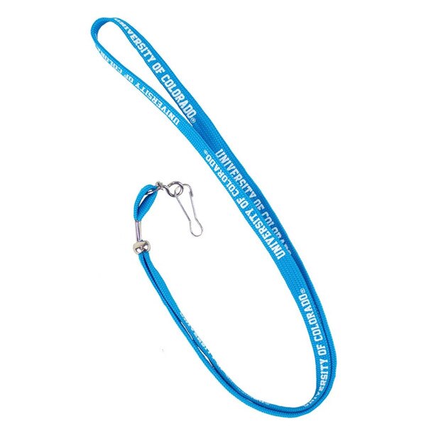 A blue lanyard with repeating white University of Colorado lettering, with a latch for adding on keys, keychains, and I-D card holders.
